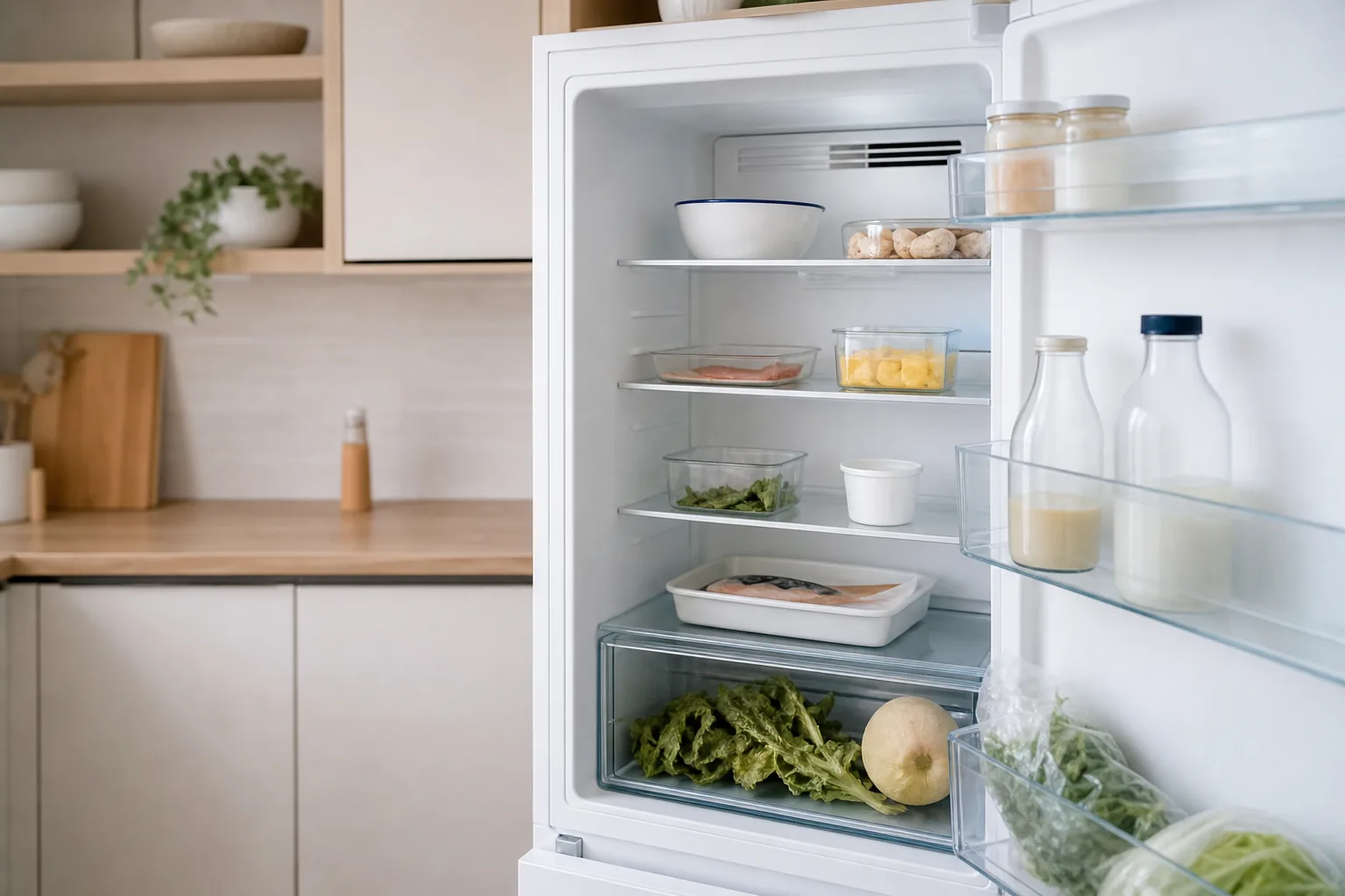 Geöffneter Kühlschrank mit Lebensmitteln und welkem Salat im Gemüsefach