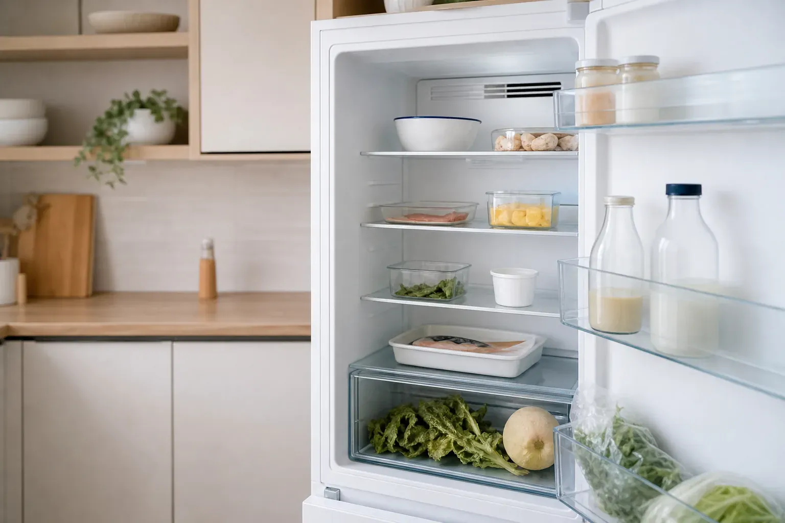 Geöffneter Kühlschrank mit Lebensmitteln und welkem Salat im Gemüsefach