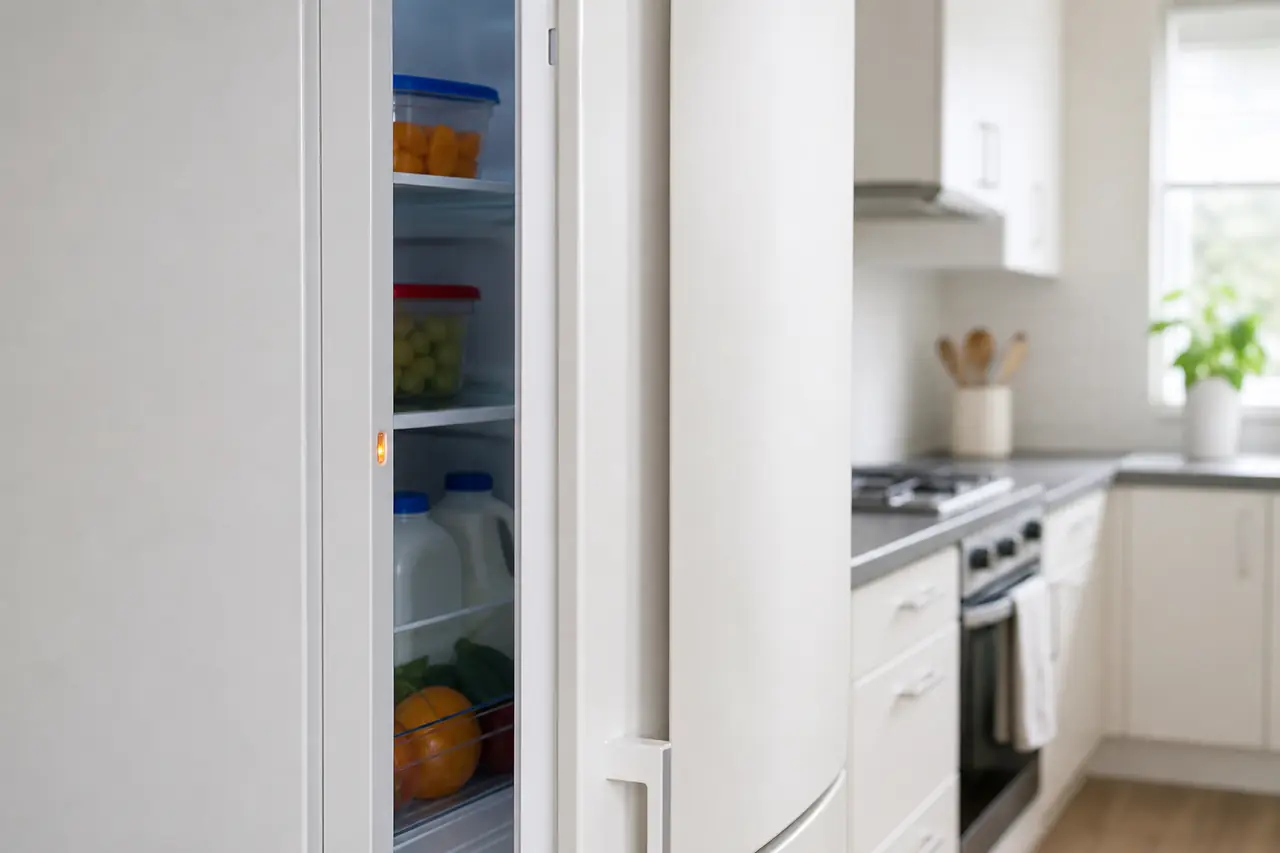 Kühlschrank mit geöffneter Tür und sichtbarer Statusanzeige im Wohnraum