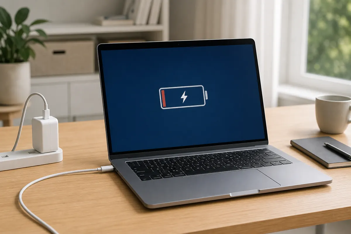 Offener Laptop mit Netzteilanschluss und Akkusymbol in der Taskleiste