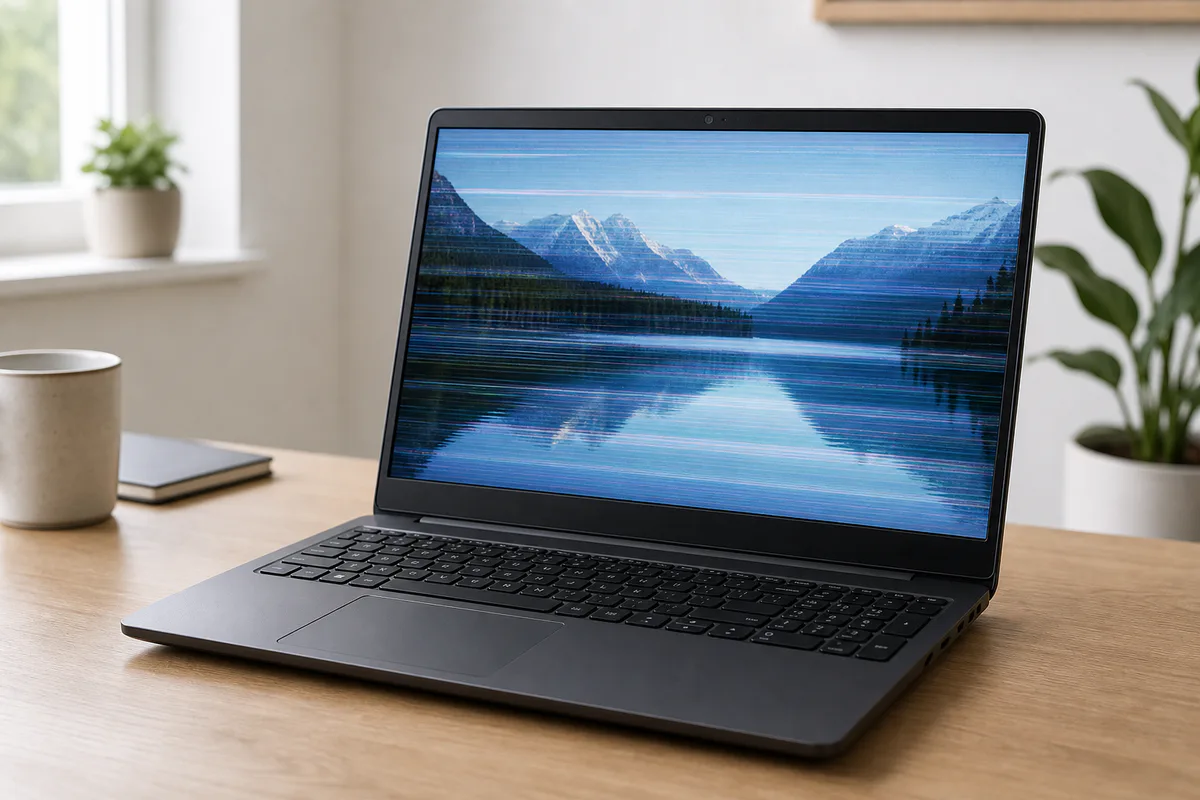 Offener Laptop mit waagerechten Störlinien auf dem eingebauten Bildschirm