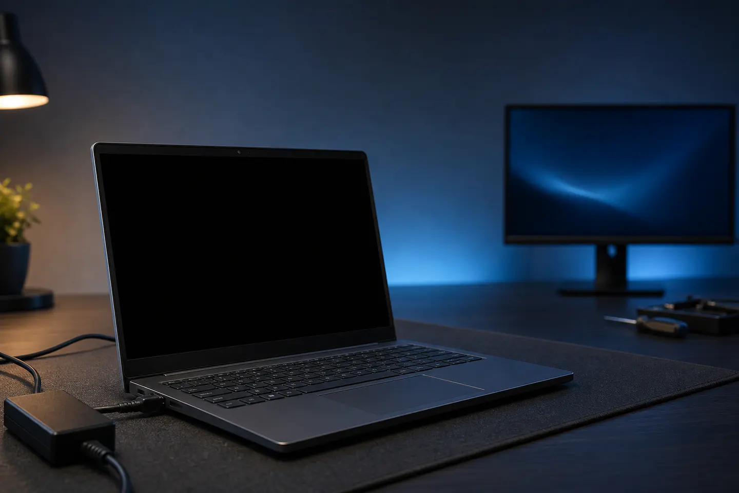 Offener Laptop mit schwarzem Bildschirm neben Netzteil und externem Monitor