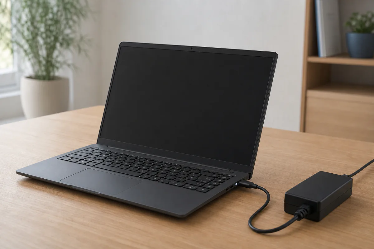 Laptop mit dunklem Bildschirm und angeschlossenem Netzteil auf einem Schreibtisch