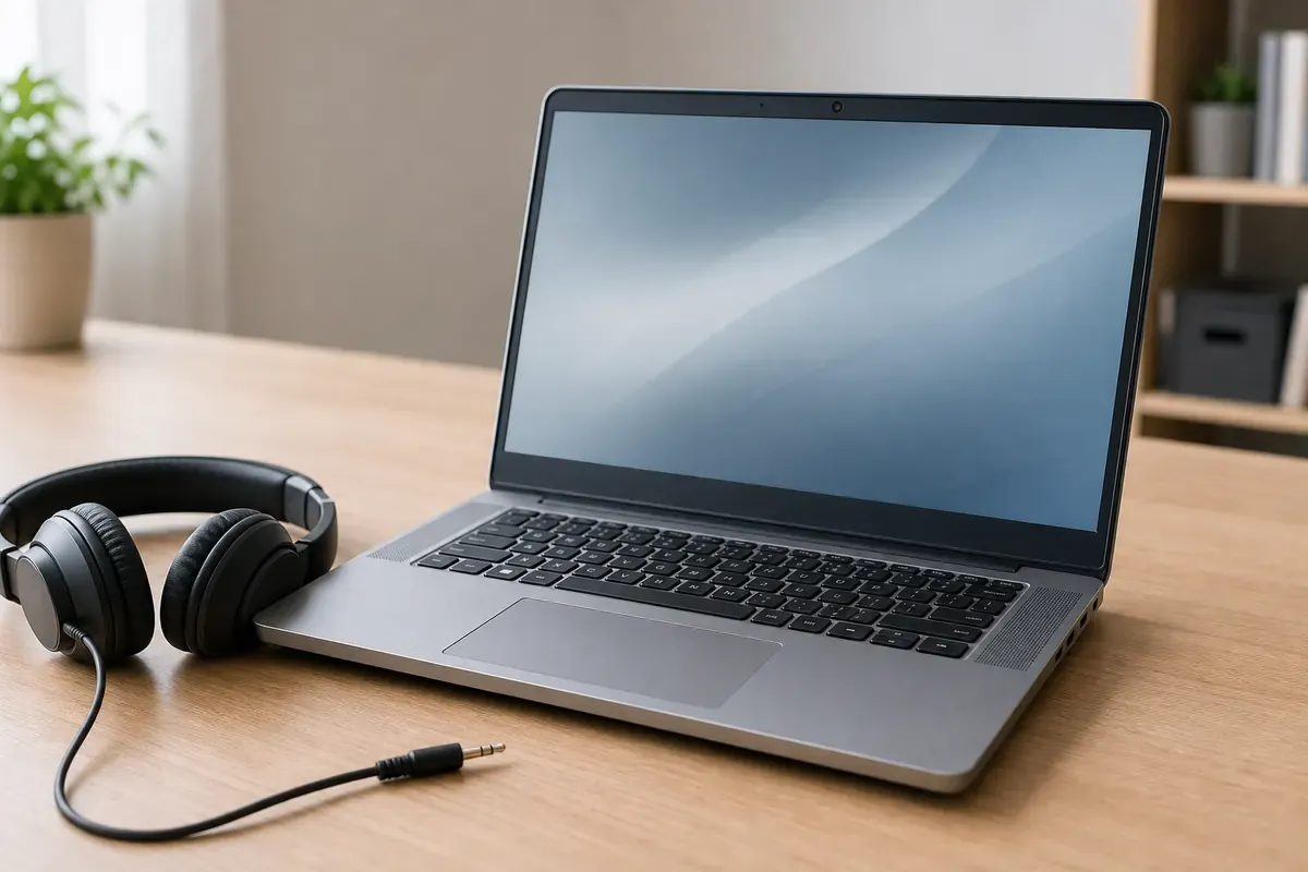Geöffneter Laptop mit sichtbaren Lautsprechern und abgezogenem Kopfhörerkabel