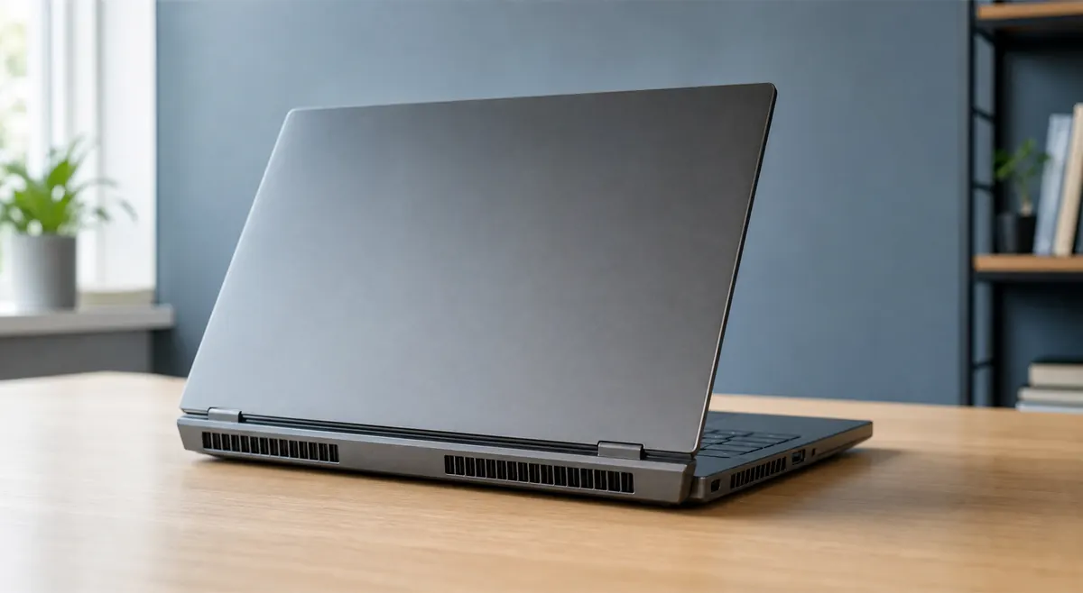 Laptop auf fester Unterlage mit freiliegenden Lüftungsschlitzen an der Seite