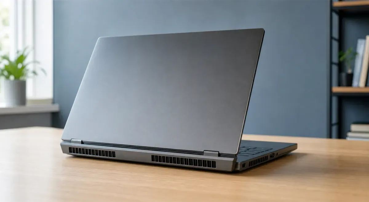 Laptop auf fester Unterlage mit freiliegenden Lüftungsschlitzen an der Seite