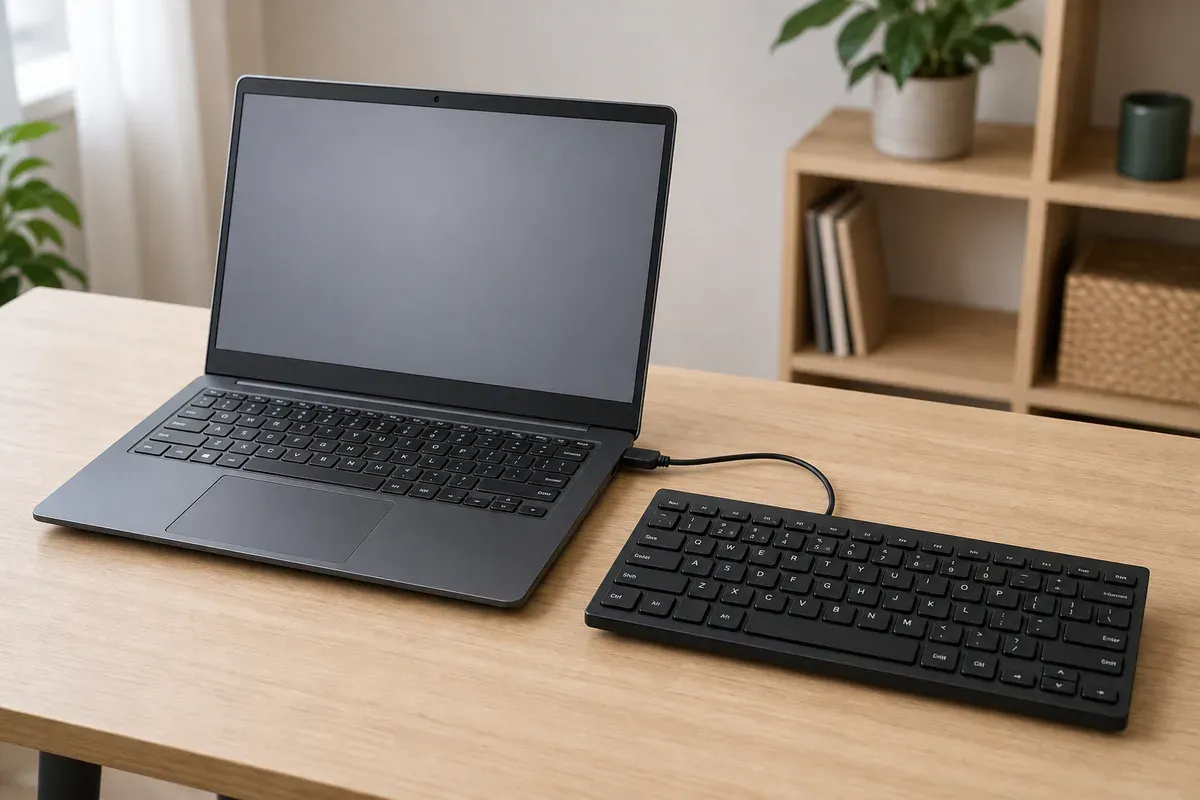 Laptop neben einer direkt angeschlossenen externen USB-Tastatur