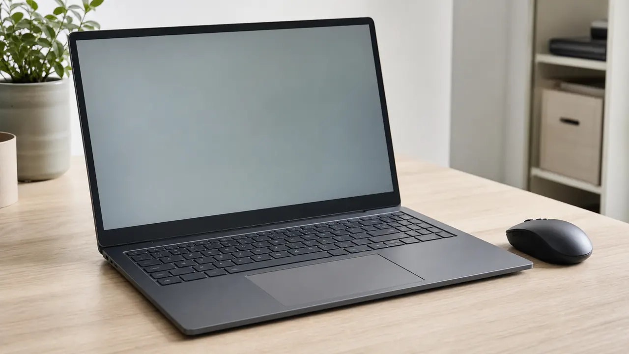 Markenfreier Laptop mit sichtbarem Touchpad und externer Maus auf einem Schreibtisch