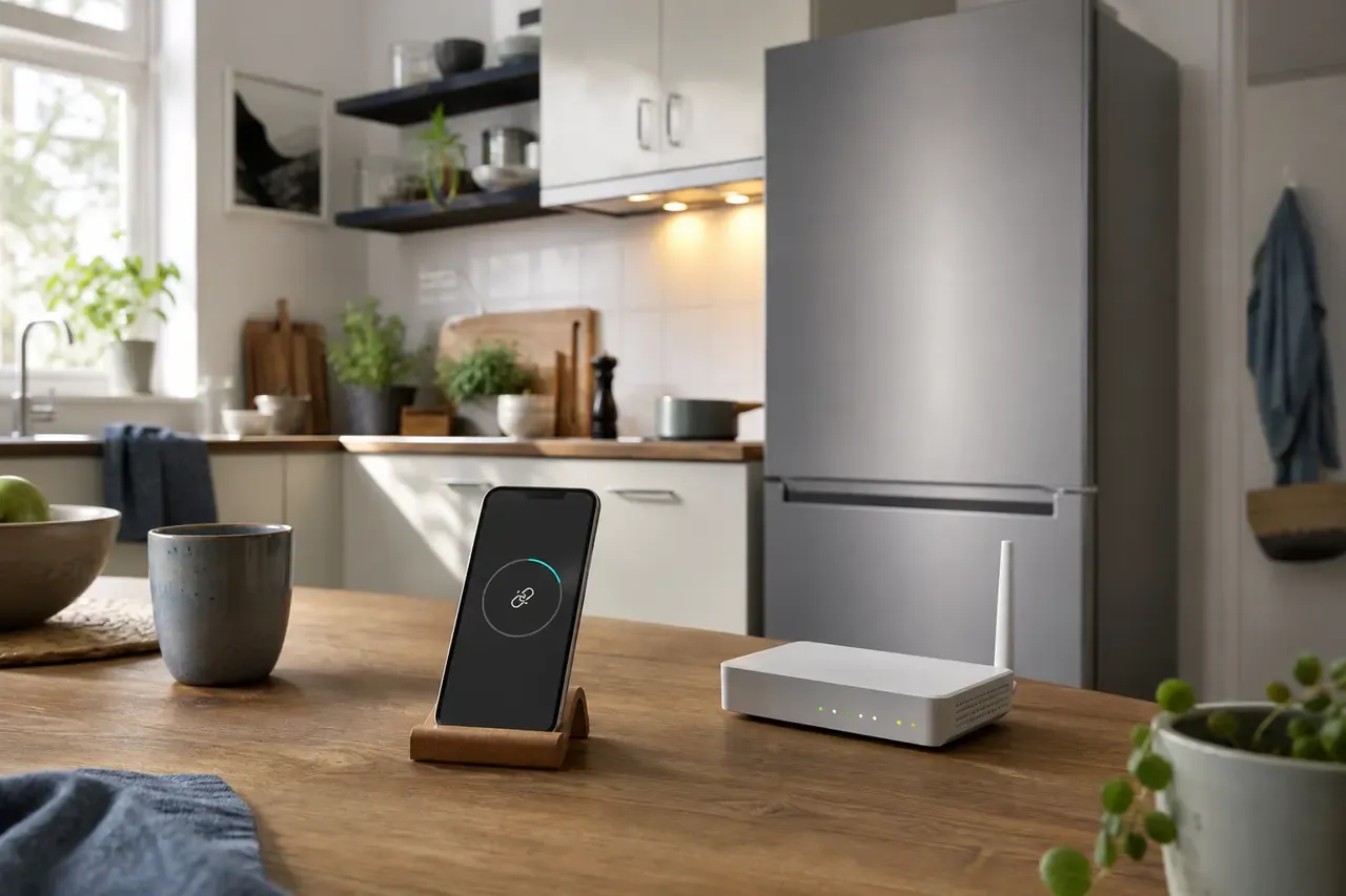 Markenneutraler Kühlschrank neben Smartphone und Router bei einer Verbindungsprüfung