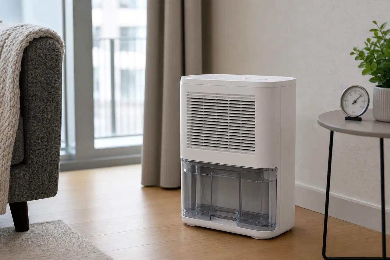 Luftentfeuchter mit leerem Wasserbehälter neben einem Hygrometer im Wohnraum