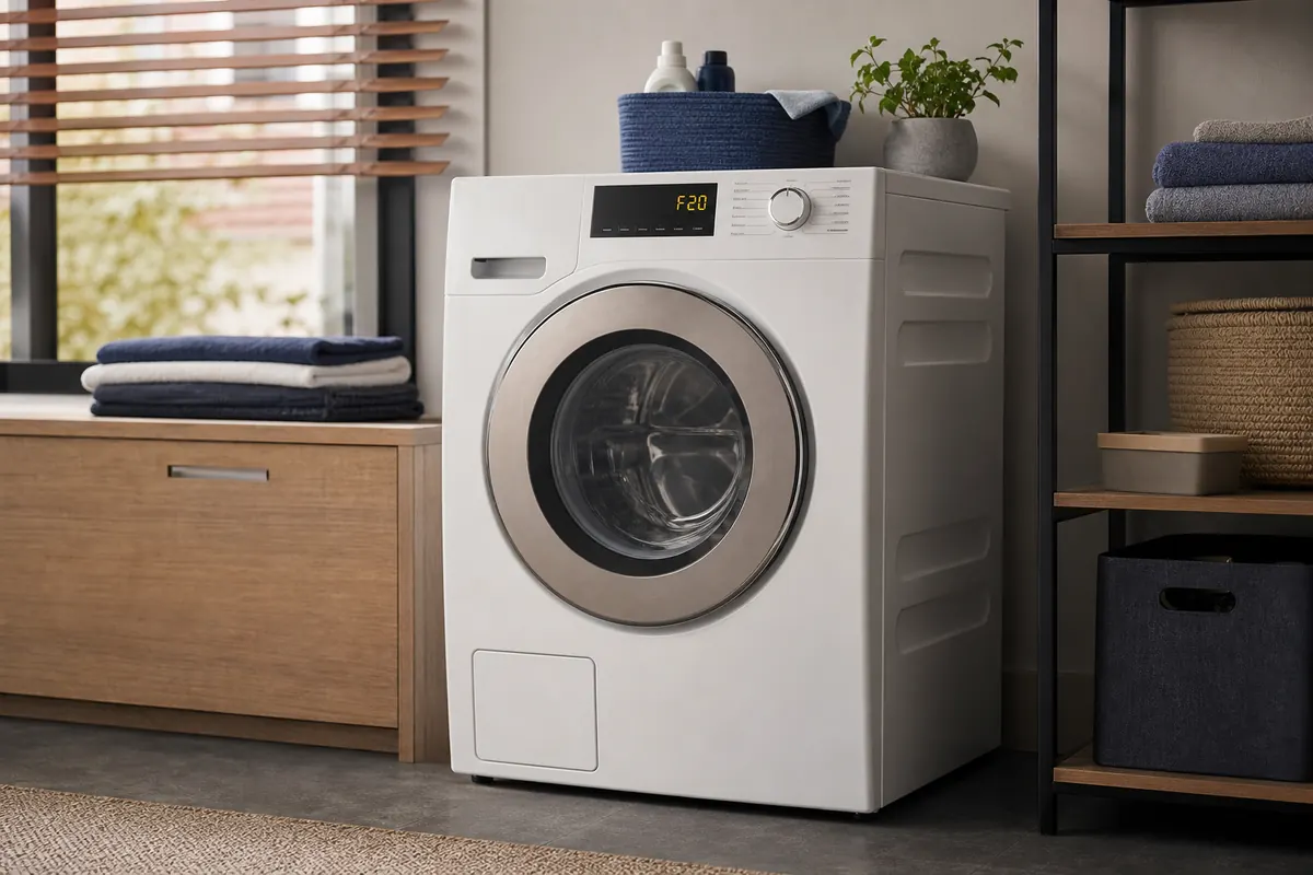 Weiße Waschmaschine mit der Anzeige F20 in einem hellen Hauswirtschaftsraum