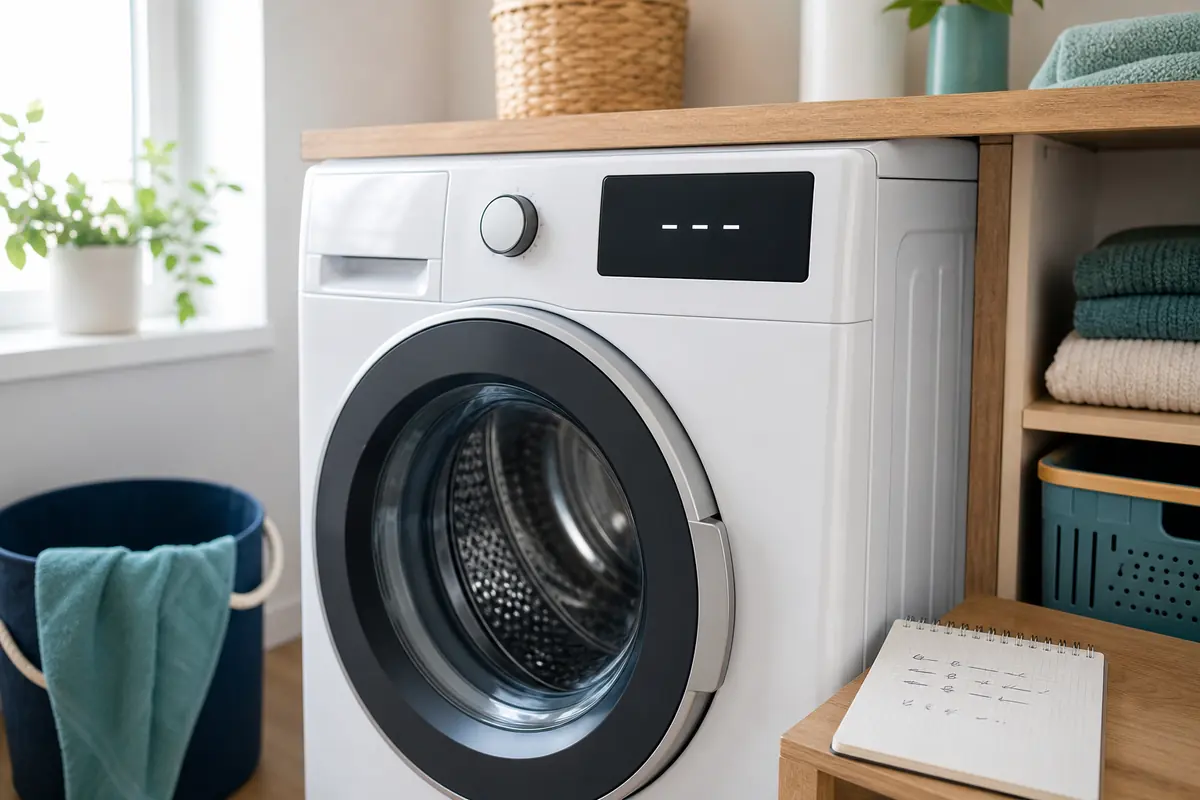 Miele-Waschmaschine mit Displayanzeige und geöffneter Serviceklappe ohne Eingriff