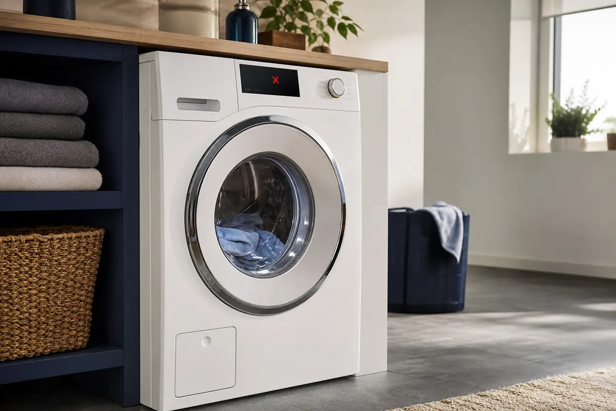 Redaktionelles Artikelbild zu Miele Waschmaschine rotes Symbol. Die Form entscheidet