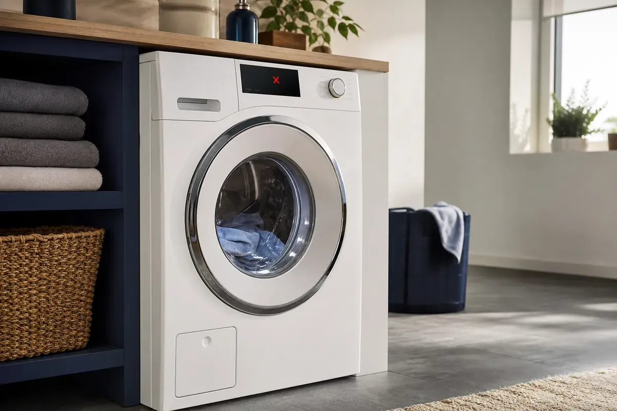 Redaktionelles Artikelbild zu Miele Waschmaschine rotes Symbol. Die Form entscheidet