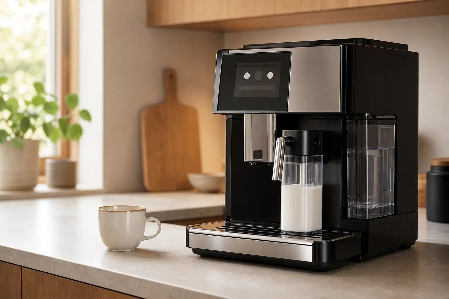 Markenfreier Kaffeevollautomat mit gut sichtbarem seitlichem Wassertank
