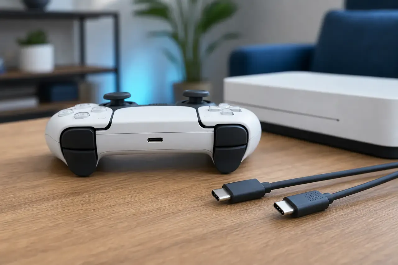 Spielcontroller mit sichtbarem USB-C-Anschluss neben zwei Ladekabeln