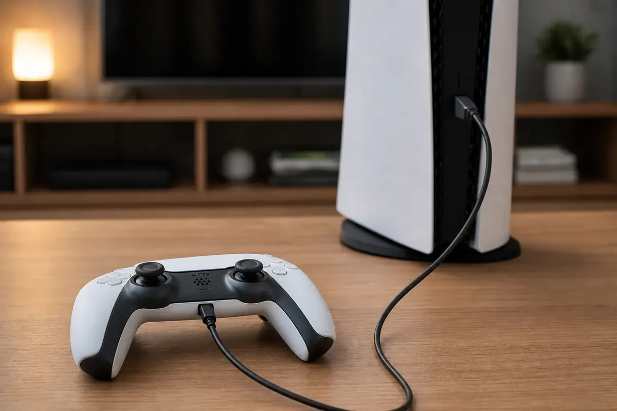 Kabelloser Spielcontroller neben einer Konsole und einem USB-Kabel