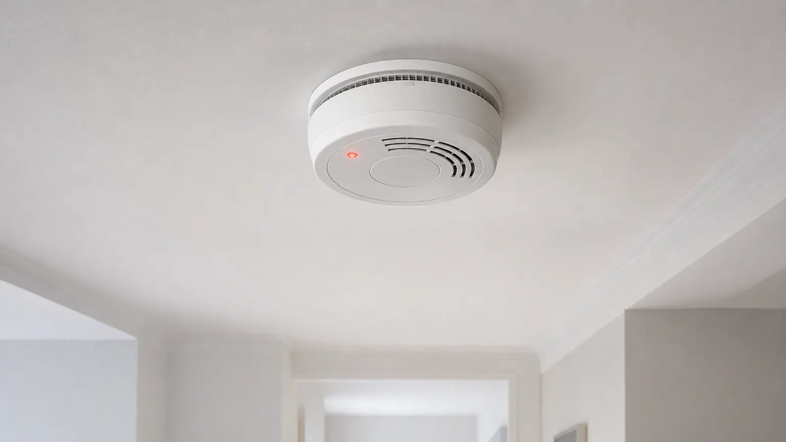 Rauchwarnmelder mit roter Status-LED an der Decke ohne hörbaren Alarm