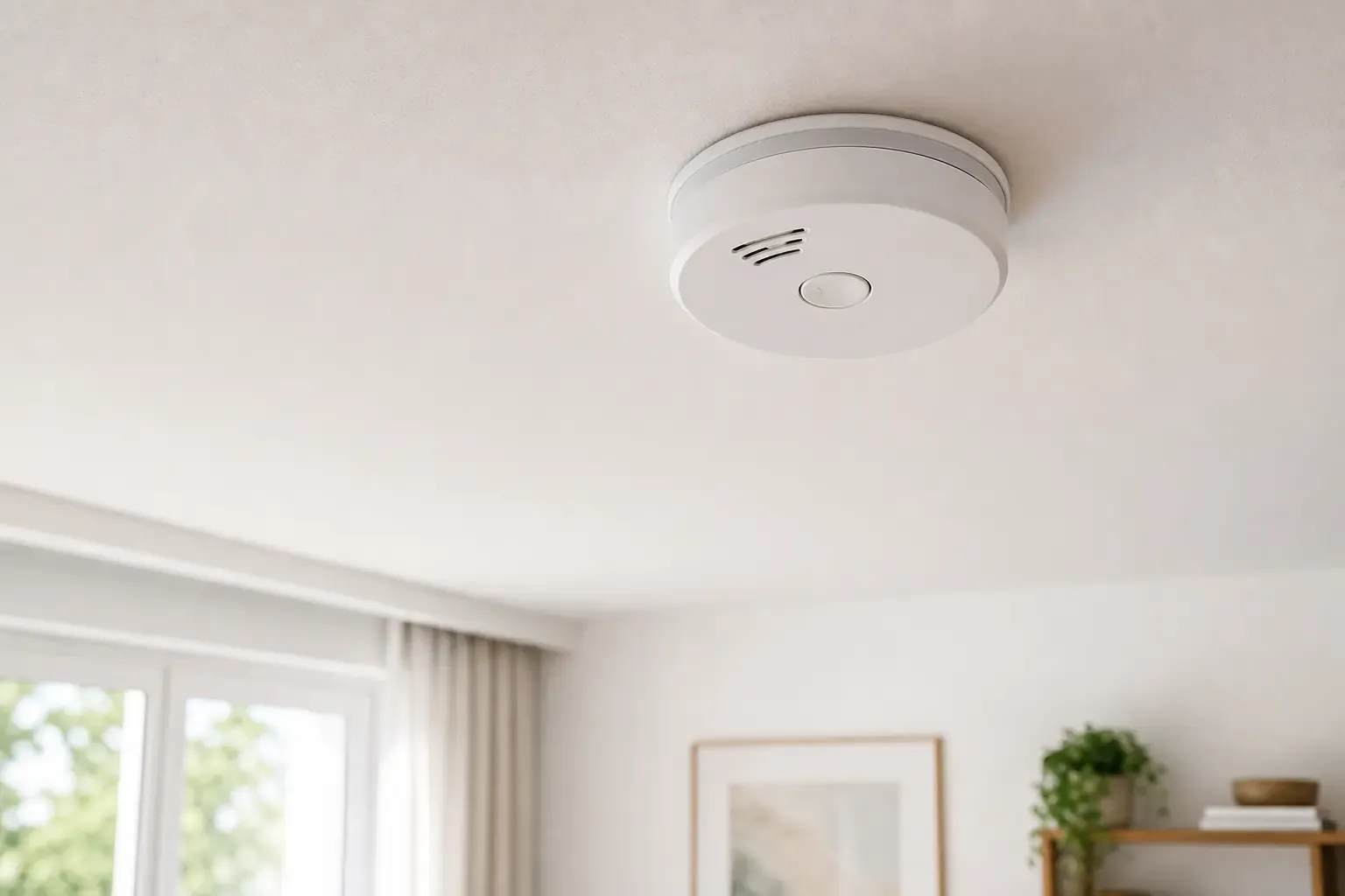 Deckenrauchmelder mit sichtbarer Prüftaste in einem Wohnraum ohne sichtbaren Rauch