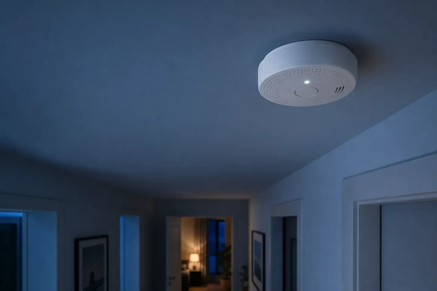 Deckenrauchmelder mit Prüftaste und Status-LED in einem Wohnflur ohne sichtbaren Rauch