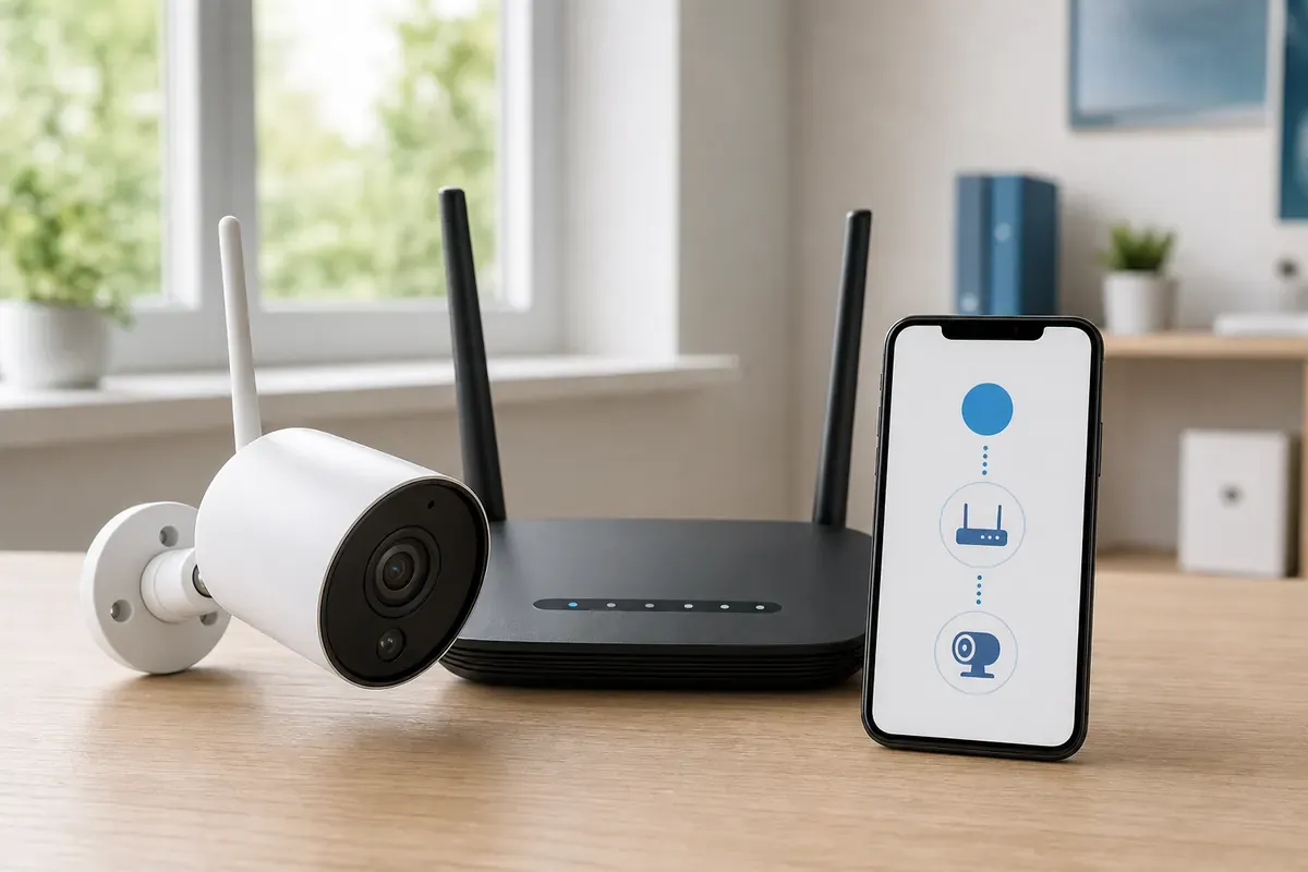 Reolink-Überwachungskamera neben Router und Smartphone mit Einrichtungs-App