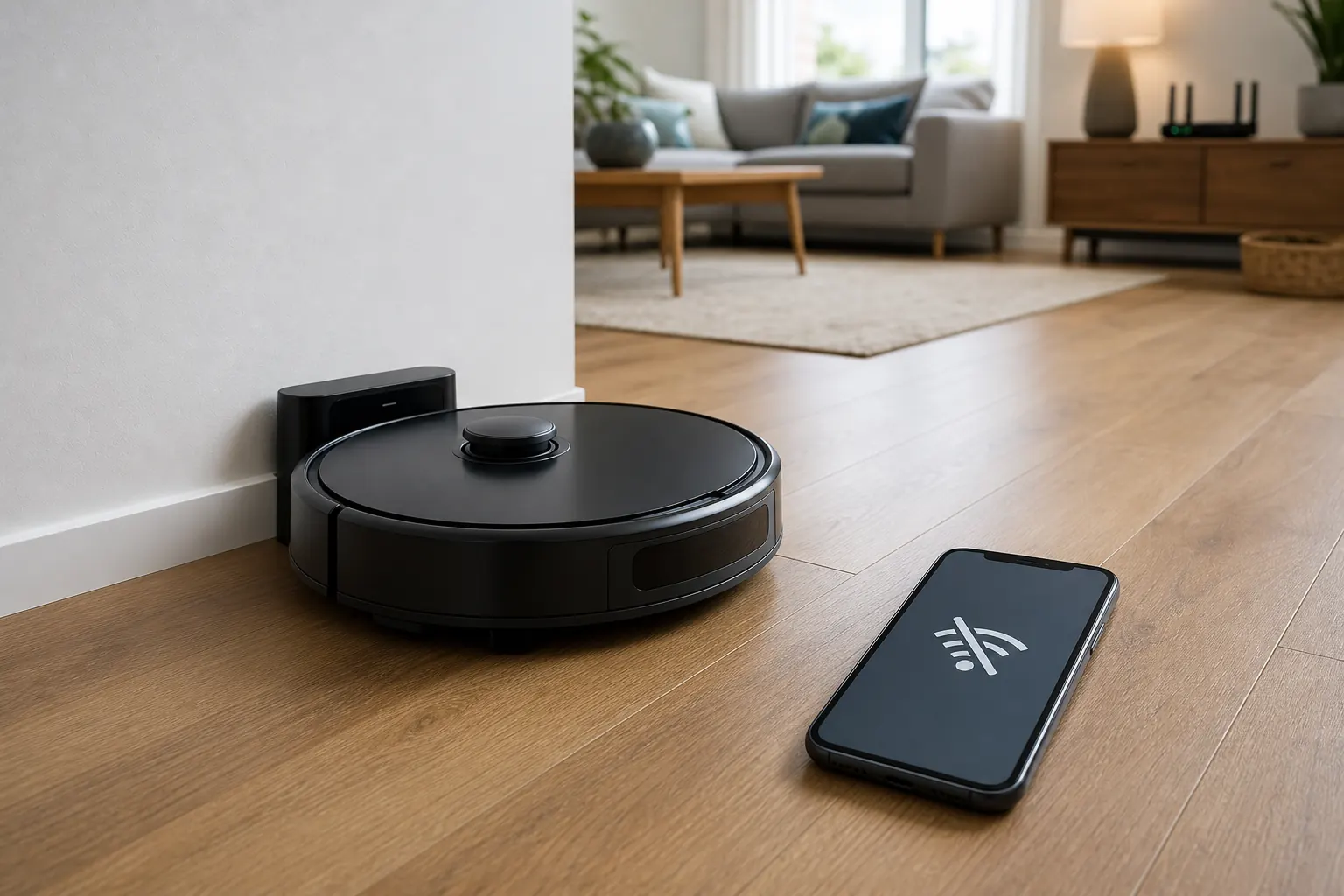 Saugroboter an seiner Ladestation neben einem Smartphone mit neutraler Offlineanzeige