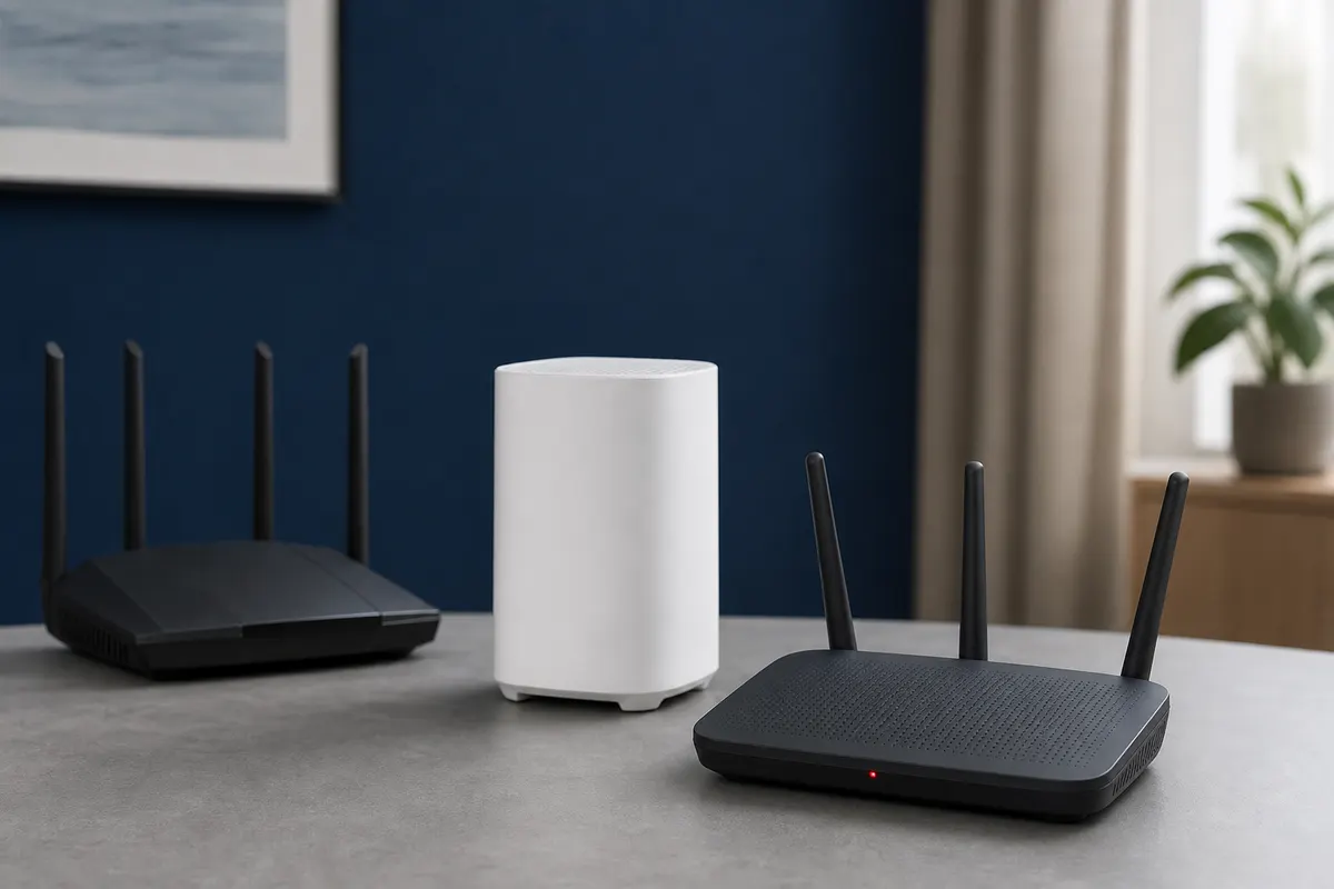 Drei unterschiedliche markenfreie Router mit einer kleinen roten Statusleuchte