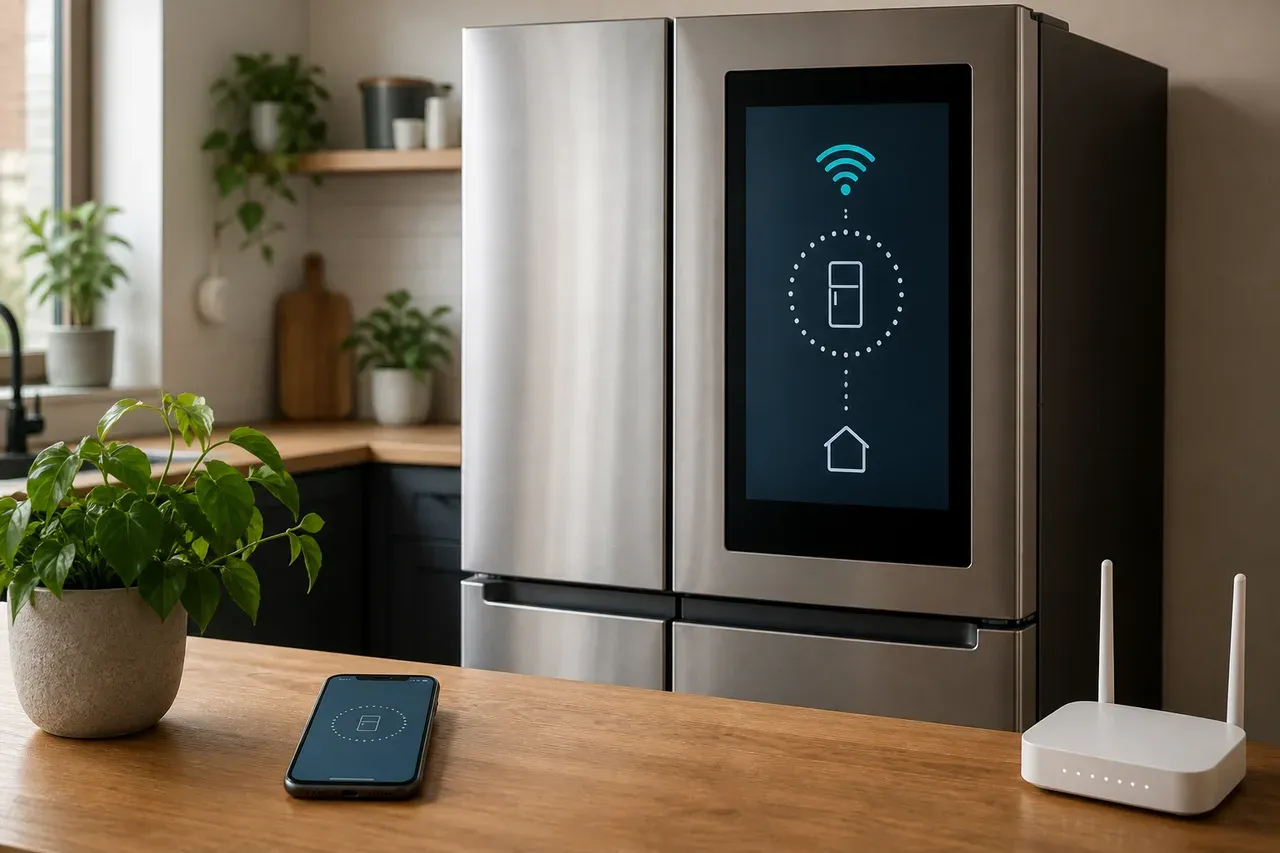 Markenneutraler Kühlschrank mit integriertem Display neben Smartphone und Router bei einer Verbindungsprüfung