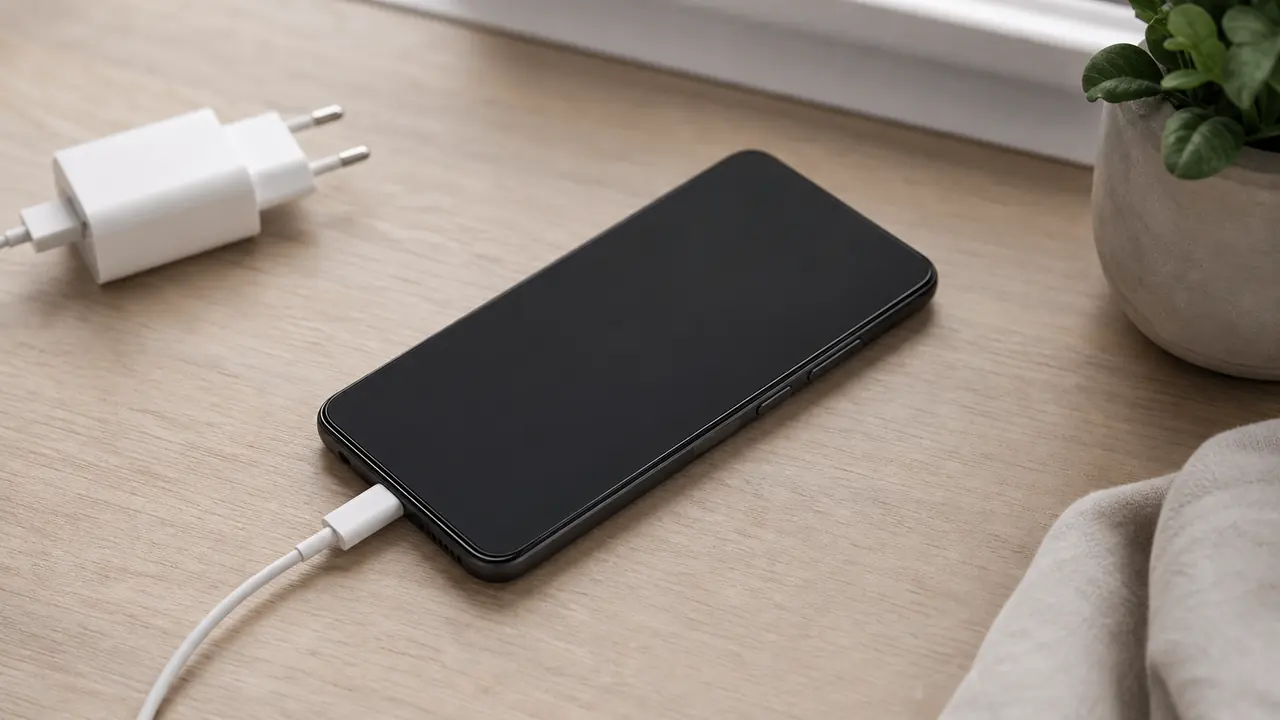 Markenfreies Smartphone mit dunklem Display am Ladekabel neben einem Netzteil
