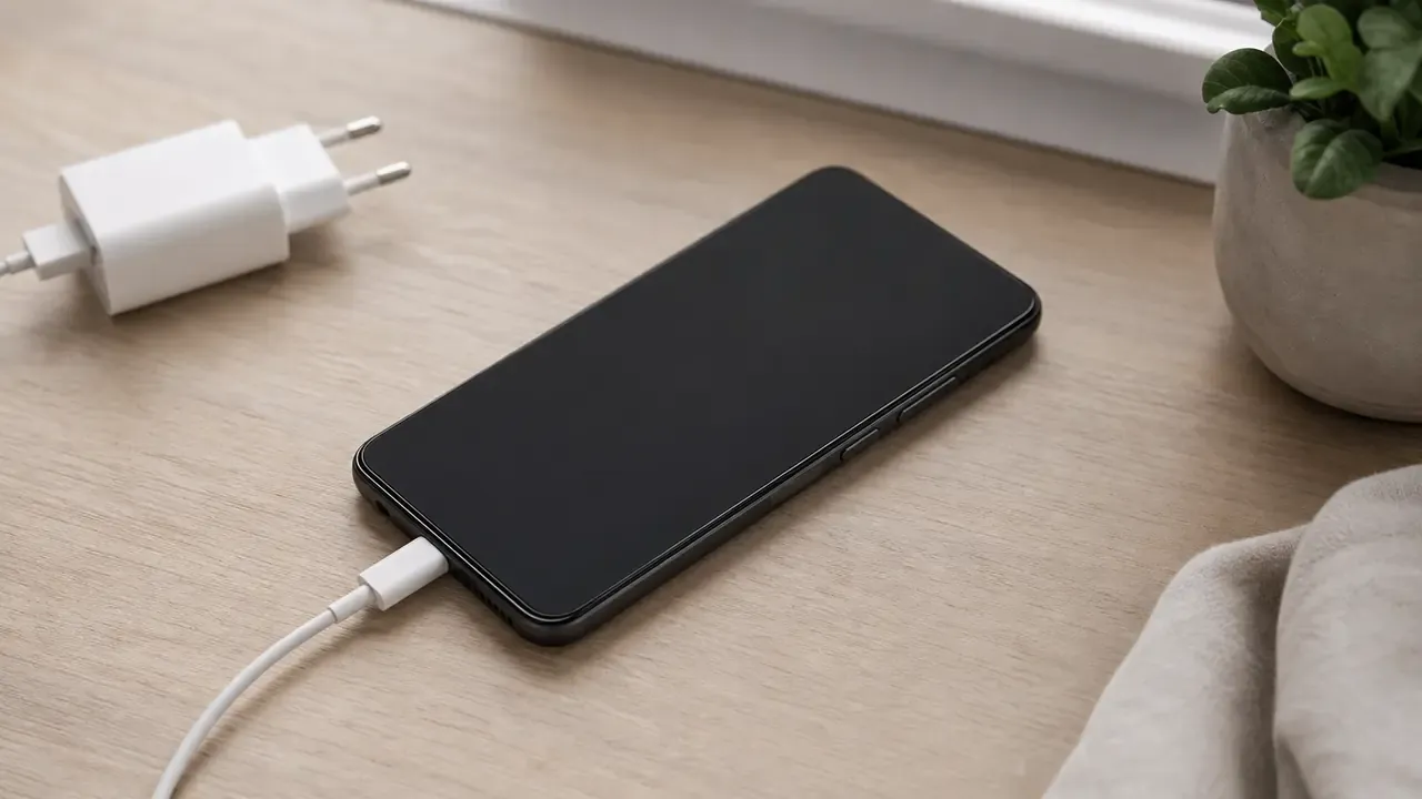 Markenfreies Smartphone mit dunklem Display am Ladekabel neben einem Netzteil