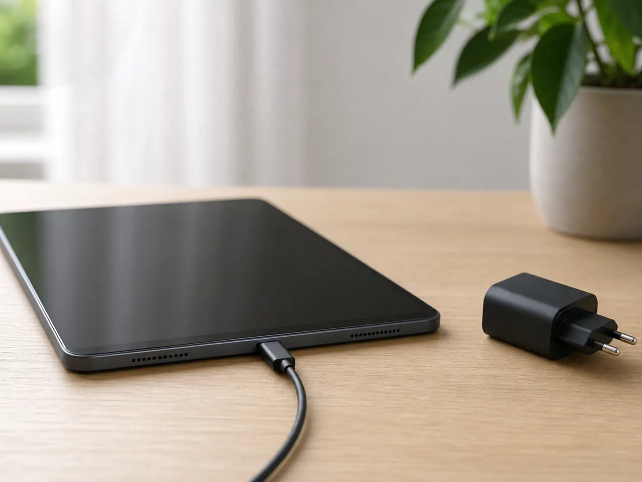 Dunkles Tablet mit angeschlossenem USB-C-Kabel und europäischem Netzteil