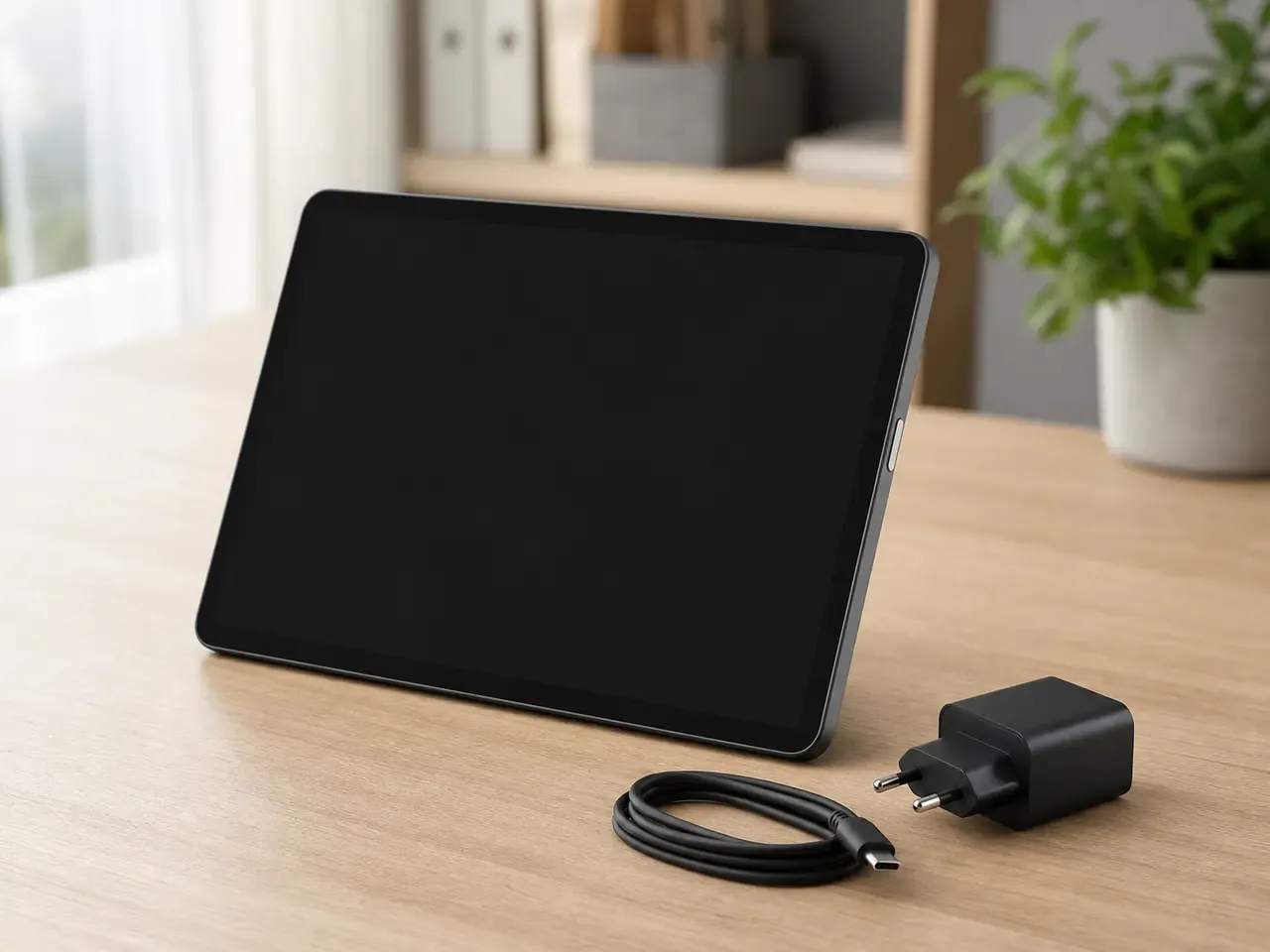 Dunkles Tablet mit schwarzem Bildschirm neben USB-C-Kabel und europäischem Netzteil