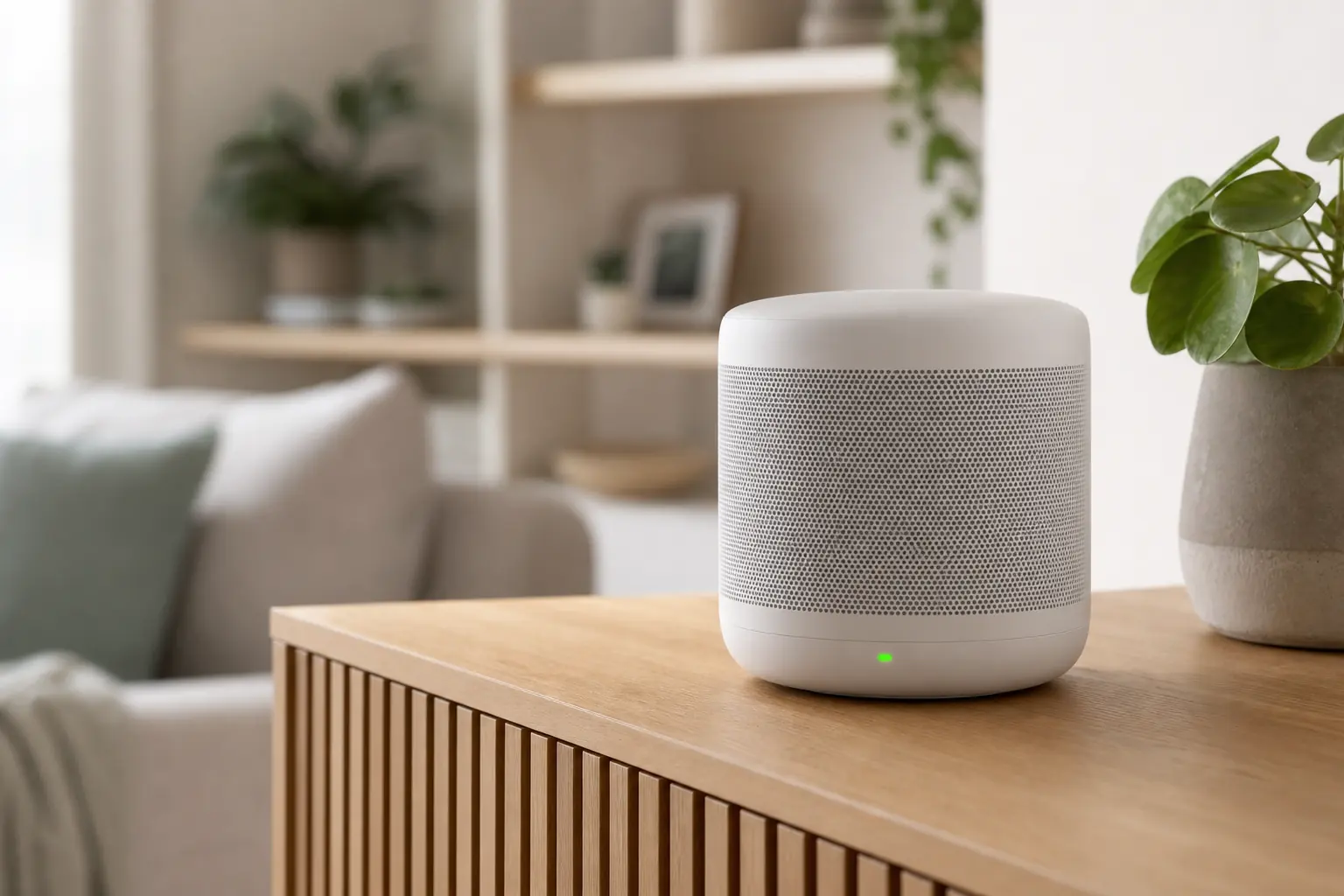 Sonos-Lautsprecher mit grüner Statusleuchte auf einem Sideboard