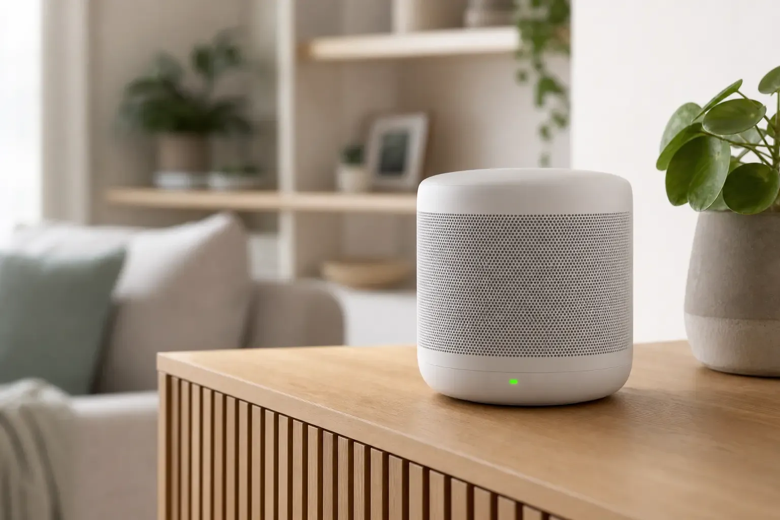 Sonos-Lautsprecher mit grüner Statusleuchte auf einem Sideboard
