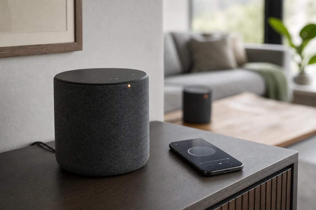 Multiroom-Lautsprecher mit orange leuchtender Statusanzeige neben Smartphone