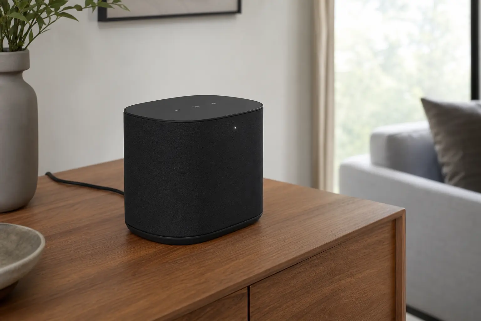 Sonos-Lautsprecher mit Statuslicht an der Front und sichtbarem Netzkabel am Boden
