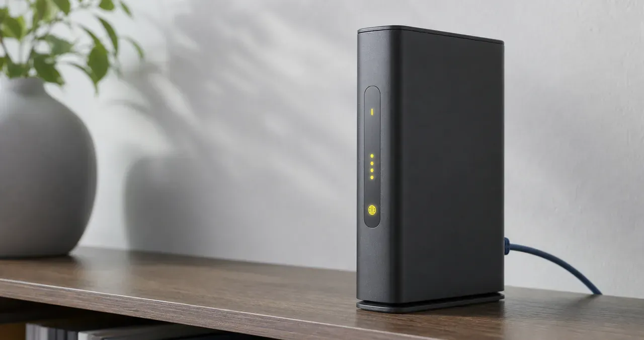 Markenfreier dunkler Router mit dezent gelb leuchtender Statusanzeige