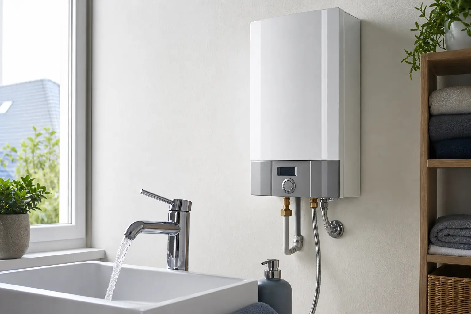 Elektronischer Durchlauferhitzer an der Wand neben einer Armatur, aus der Wasser läuft