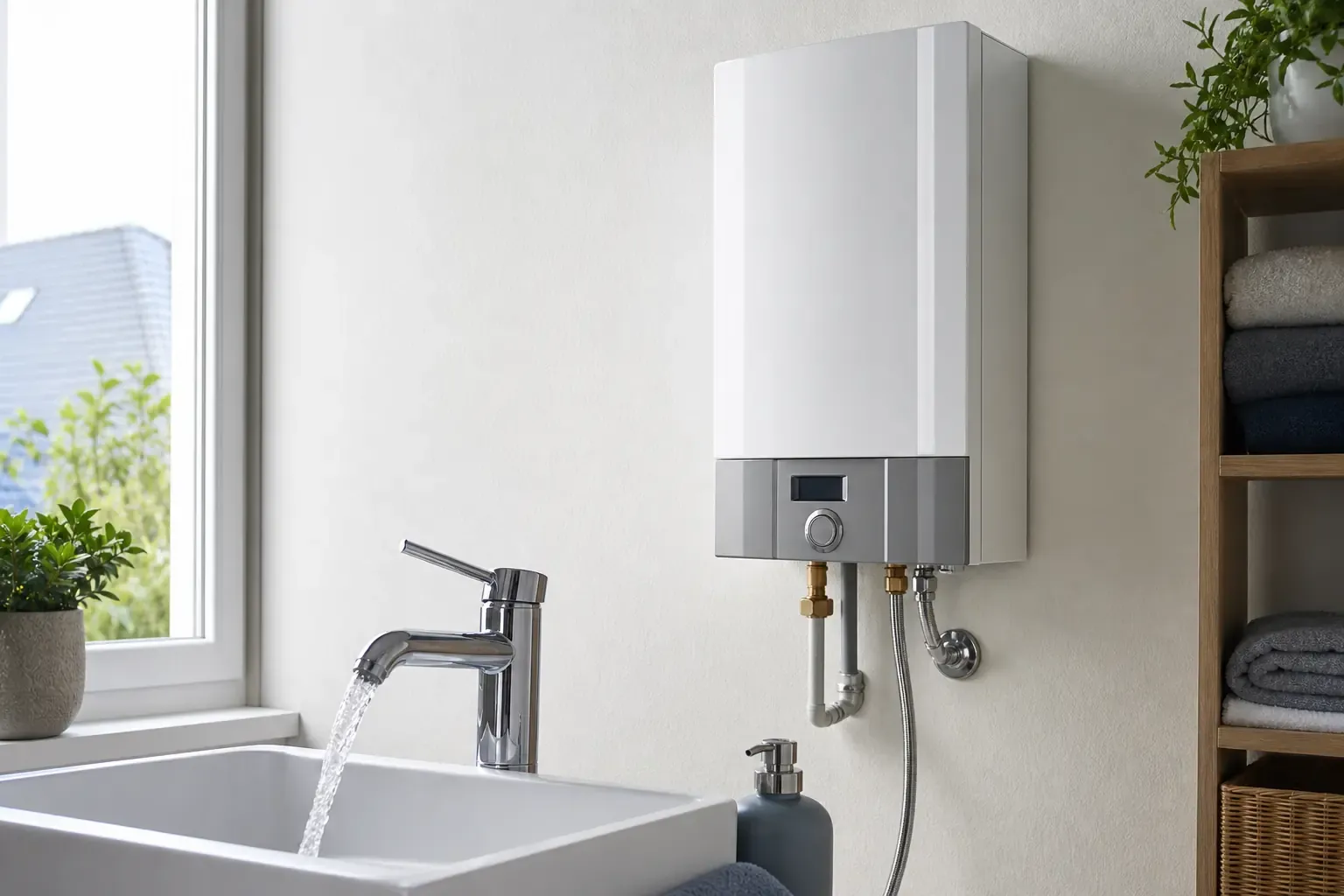 Elektronischer Durchlauferhitzer an der Wand neben einer Armatur, aus der Wasser läuft