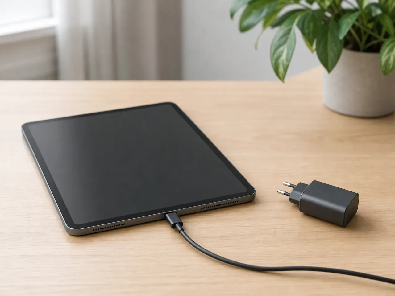 Dunkles Tablet mit angeschlossenem USB-C-Kabel und Netzteil auf einem Schreibtisch