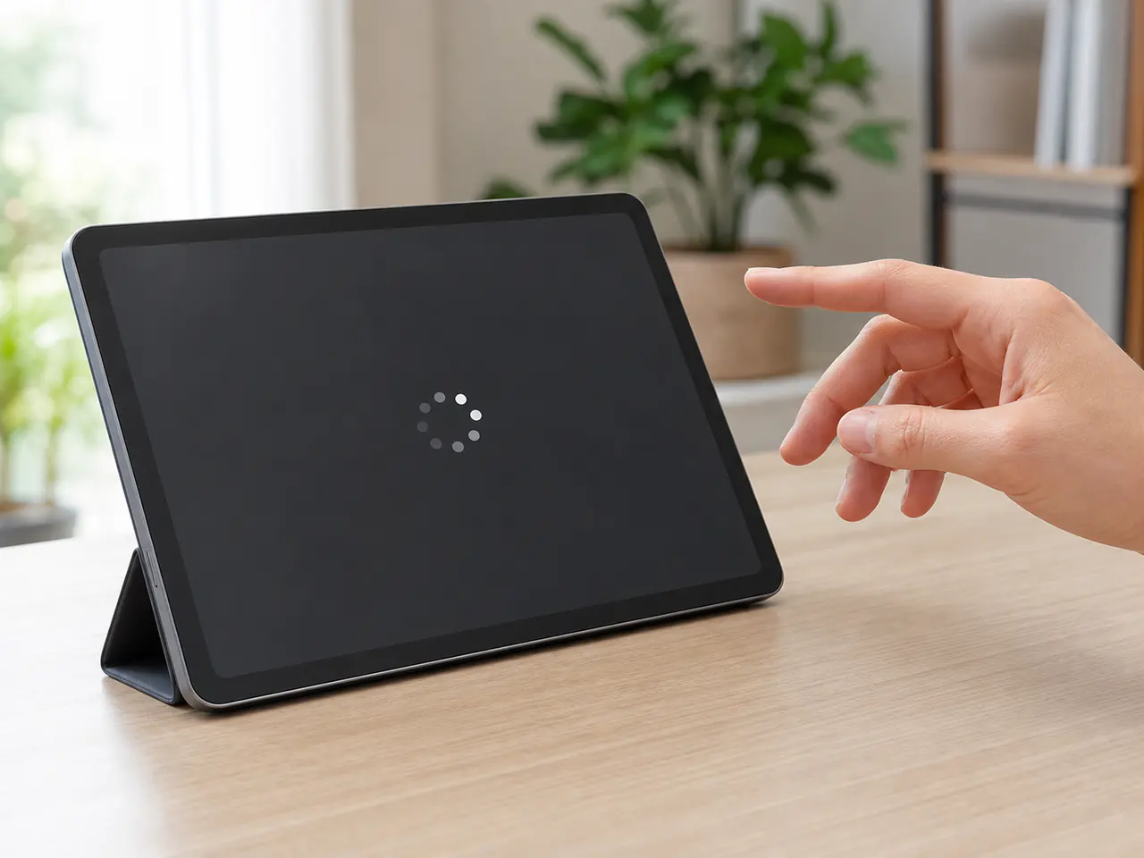 Tablet mit eingefrorenem Ladesymbol und einer Hand über dem nicht reagierenden Bildschirm