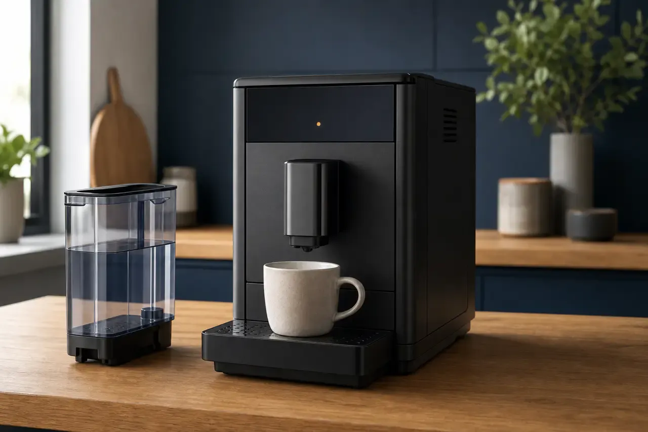 Kompakter Kaffeevollautomat mit entnommenem Wassertank und leerer Tasse