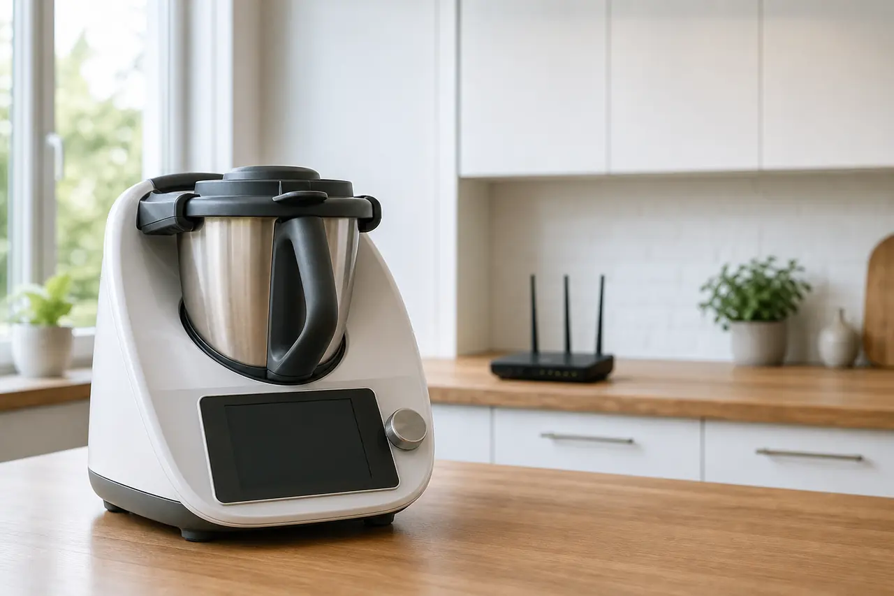Thermomix auf einer Küchenzeile neben einem Router mit sichtbarer Statusanzeige
