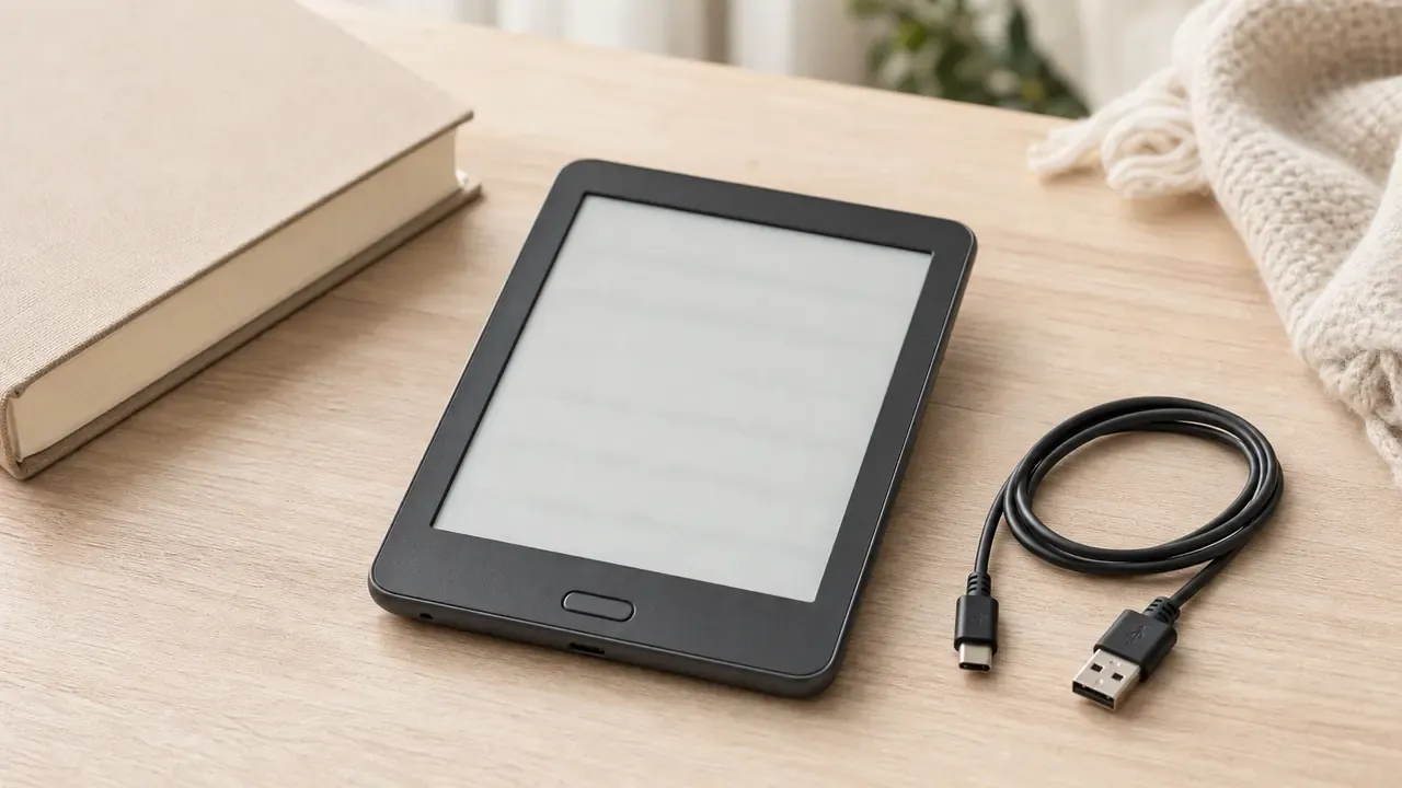 Markenfreier E-Reader mit leer wirkender E-Ink-Anzeige neben einem USB-Kabel