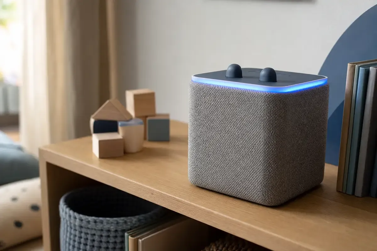 Kinder-Audiobox mit blauem Leuchtring auf einem Tisch