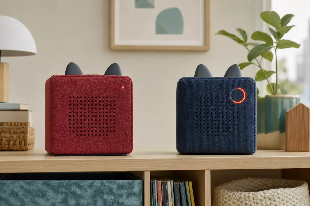 Zwei weiche Kinder-Audioboxen mit unterschiedlichen roten Statusanzeigen