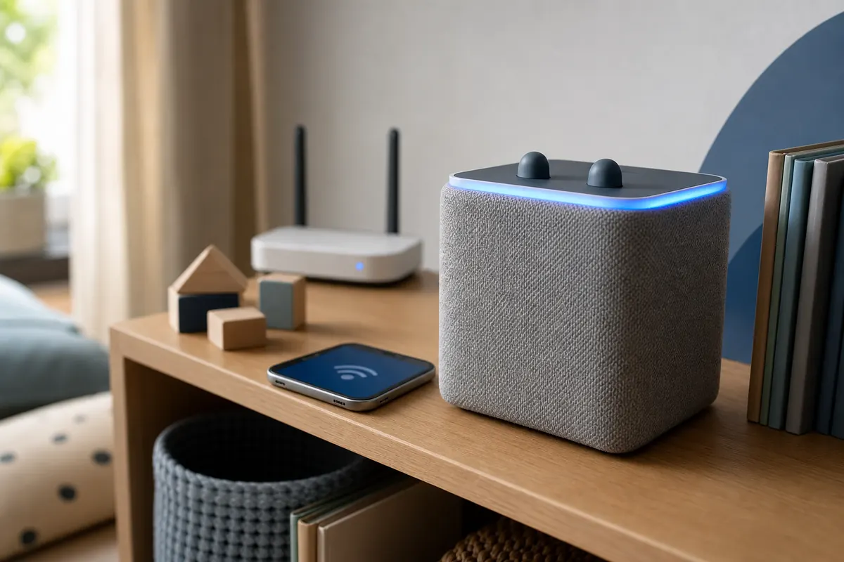 Toniebox neben Router und Smartphone bei der WLAN-Einrichtung