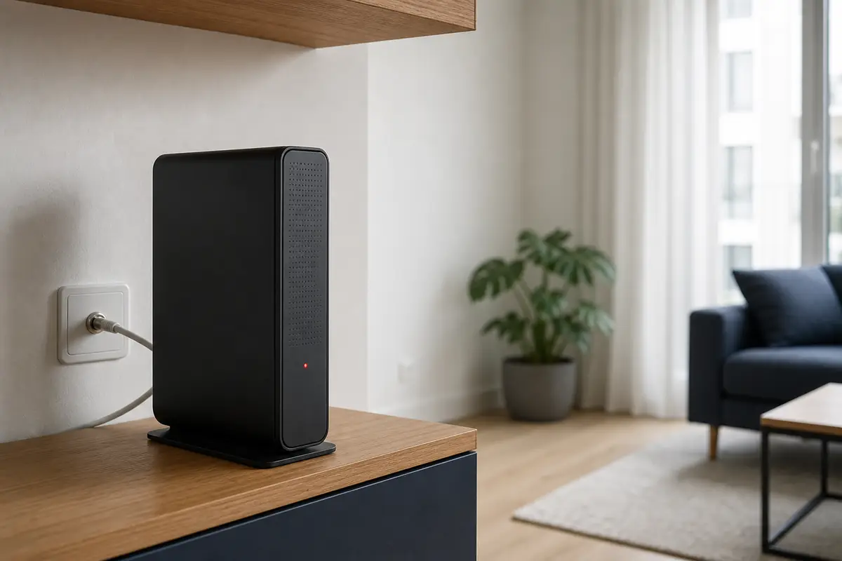 Dunkler Kabelrouter mit kleiner roter Statusleuchte neben einer Kabeldose