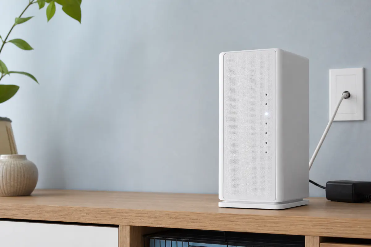 Heller Kabelrouter mit kleiner weißer Statusleuchte neben einer Kabeldose