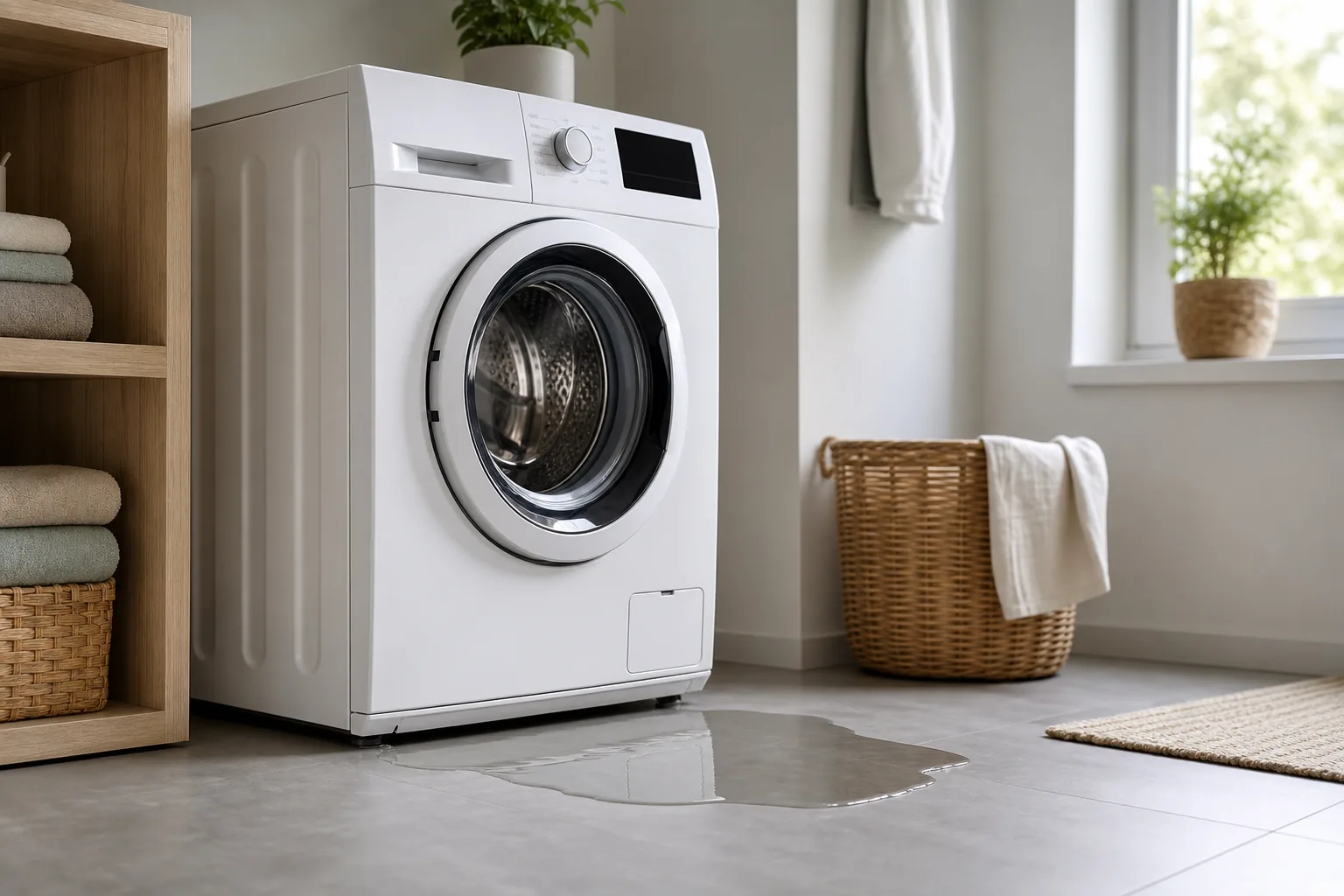Waschmaschine mit einer kleinen Wasserpfütze auf dem Boden davor